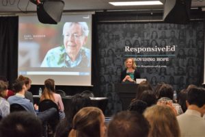 Michelle Cook welcomes the students to the 2019 Career Symposium